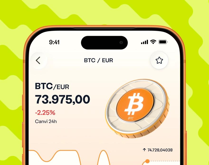 Interfície de l'aplicació Venga que mostra el gràfic de preus de Bitcoin i el tipus de canvi de BTC a euro en temps real