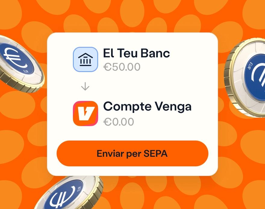 Interfície mòbil que mostra una transferència SEPA d'un banc a un compte Venga