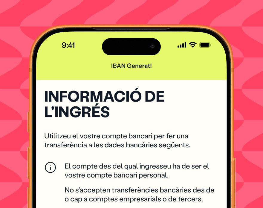 Pantalla d'un telèfon que mostra «Informació del dipòsit» amb instruccions sobre com finançar el compte mitjançant transferència bancària