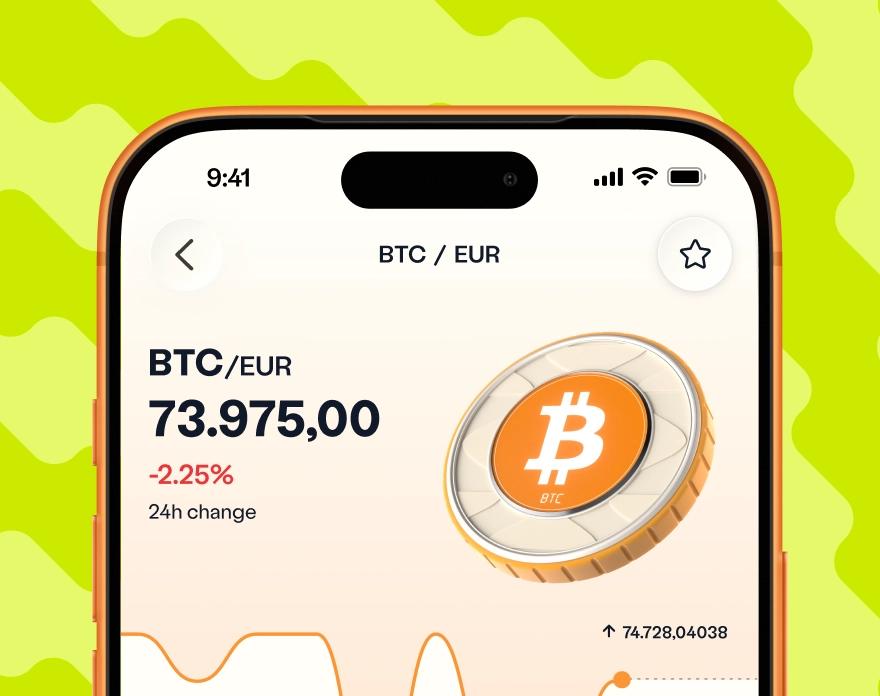 Venga app interface showing Bitcoin price chart and real-time BTC to Euro exchange rate