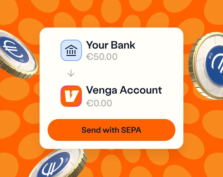Mobile interface showing a SEPA transfer from a bank to a Venga account