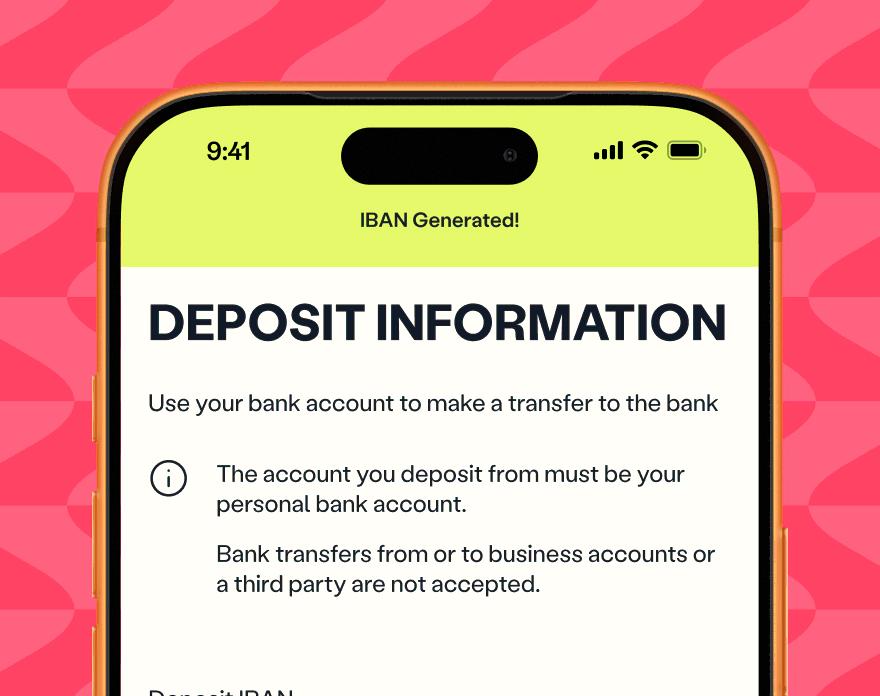 Smartphone screen displaying 'Deposit Information' with instructions on how to fund the account via bank transfer