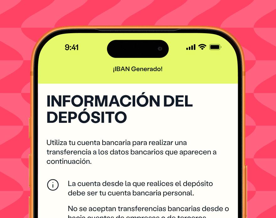 Pantalla de smartphone que muestra "Información de depósito" con instrucciones sobre cómo fondear la cuenta mediante transferencia bancaria