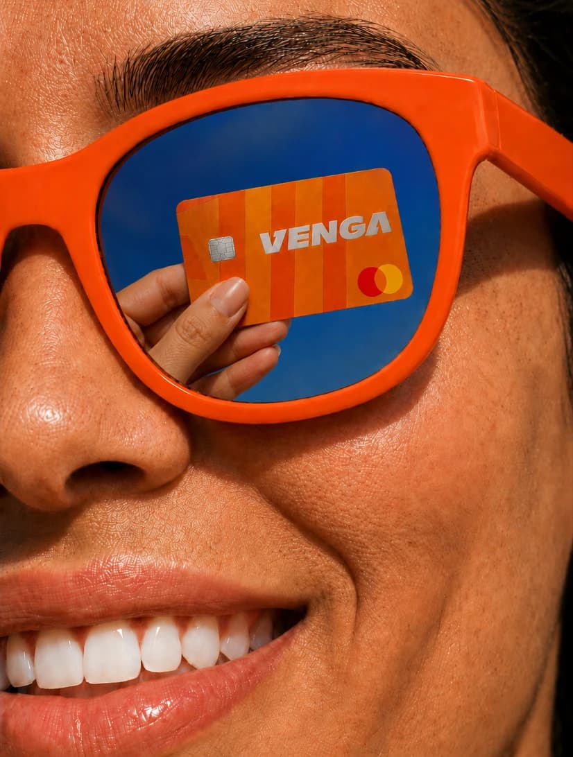 Venga card reflected in sunglasses