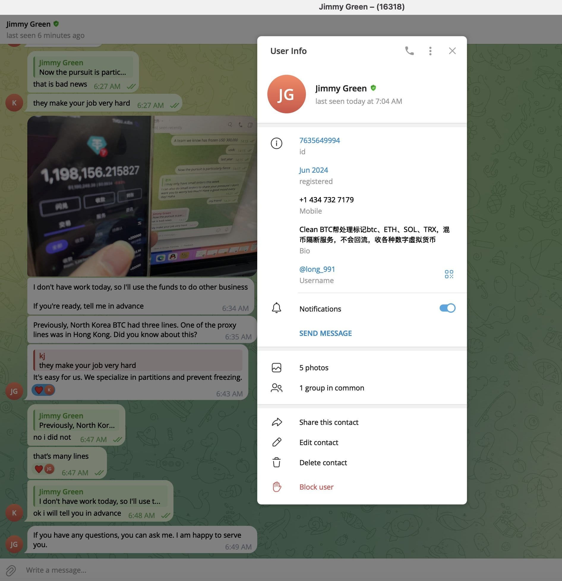 ZachXBT's screenshot of Jimmy Green Telegram Account